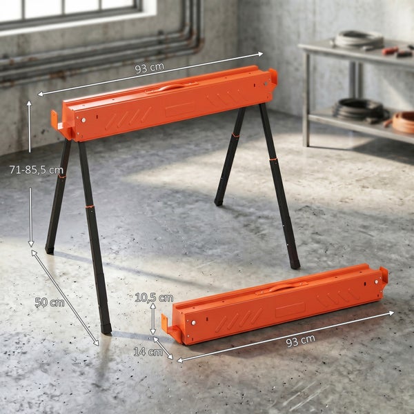 Höhenverstellbarer Arbeitsbock aus Metall mit Maßangaben für Werkstatt und Baustelle.
