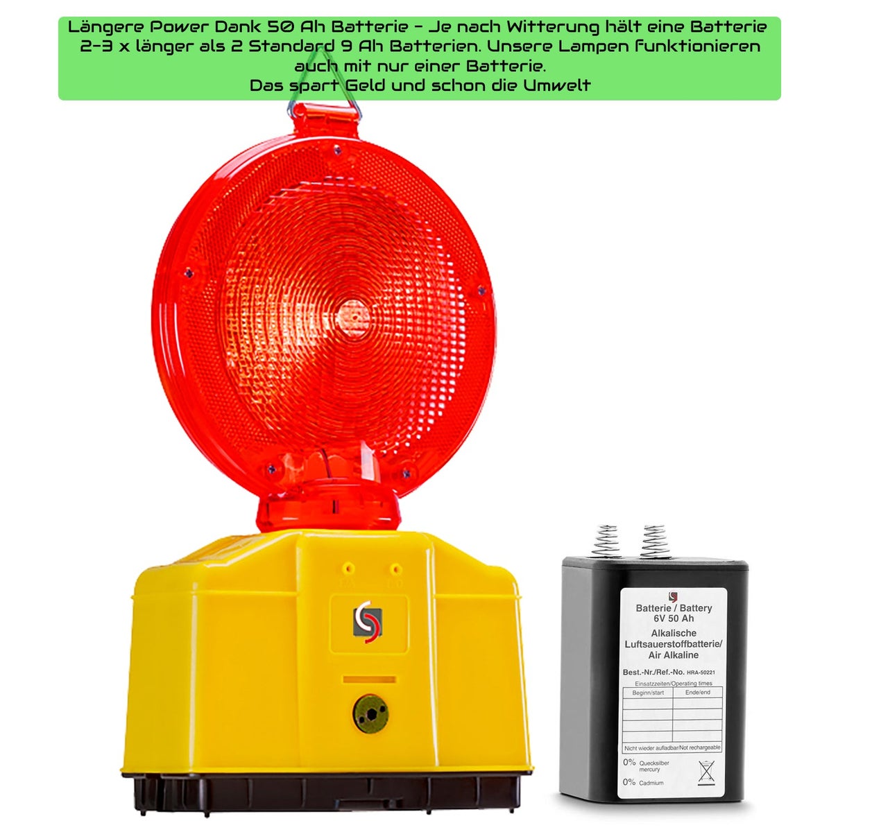 Baustellenleuchte Warnleuchte rote LED als Set mit oder ohne Batterien / 1 Batterie x 50 Ah Luft-Sauerstoff