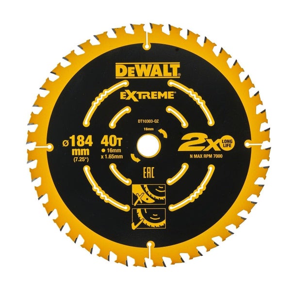 DeWalt Kreissägeblatt Extreme, Durchmesser 184 Millimeter, 40 Zähne, Bohrung 16 Millimeter, maximale Drehzahl 7000 Umdrehungen pro Minute.