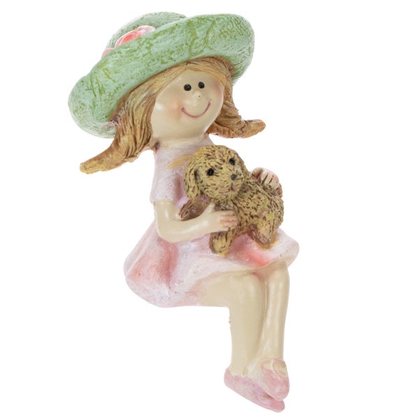 Dekofigur Mädchen mit Hut und Hund, sitzende Figur aus Kunststein.