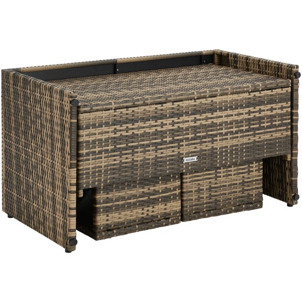 tectake Gartenbox aus Polyrattan in Braun mit zwei Hockern.