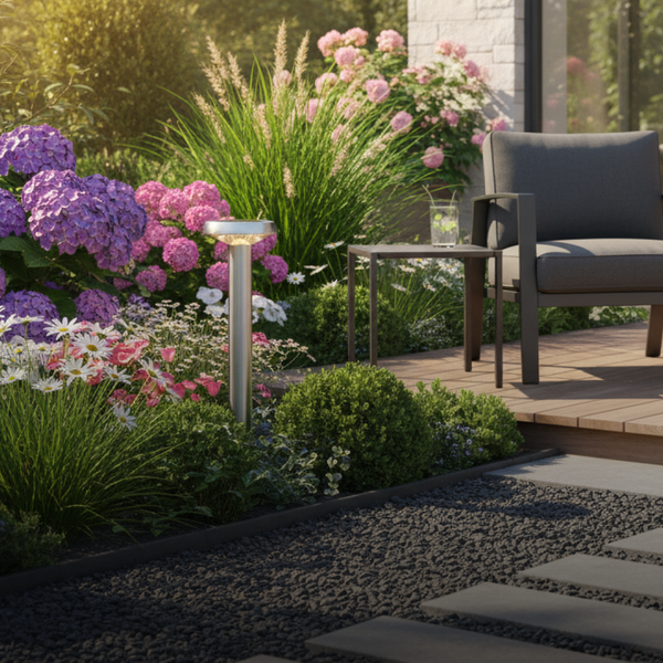 Garten mit Blumen, Ziergräsern, Sitzgelegenheit und Außenleuchte