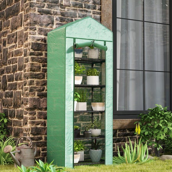 Outsunny Gewächshaus mit Rolltür, Regale, winterfest Foliengewächshaus aus Stahl, Treibhaus für Balkon, Garten, Tomatenhaus 69 x 49 x 193 cm, Tomatengewächshaus für Tomaten, Gemüse, Blumen, Grün