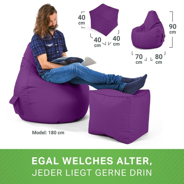 Green Bean 2er Set Sitzsack + Hocker - fertig befüllt - robust waschbar schmutzabweisend - Kinder & Erwachsene Bean Bag Bodenkissen Lounge Sitzhocker Relax-Sessel Gamer Gamingstuhl Pouf - Violett