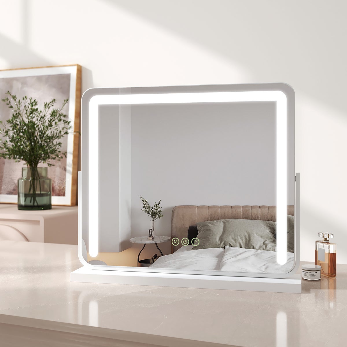 EMKE Schminkspiegel mit Beleuchtung LED Kosmetikspiegel Drehbar Make Up Spiegel mit Touchschalter, 3 Lichtfarben Dimmbar und Memory-Funktion, Weiß, 60x51,6cm