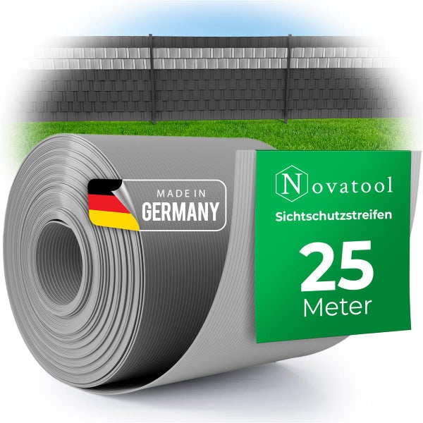 Novatool PREMIUM PP 25m Rolle Sichtschutzstreifen für Doppelstabmattenzaun FENSTER GRAU für 10 Reihen Stabmattenzaun Sichtschutzstreifen langlebig & witterungsbeständig Zaunelemente Sichtschutz