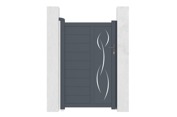 Modernes Gartentor aus Aluminium in Anthrazit mit horizontalen Lamellen und weißem Ziermotiv, montiert zwischen zwei Steinsäulen.