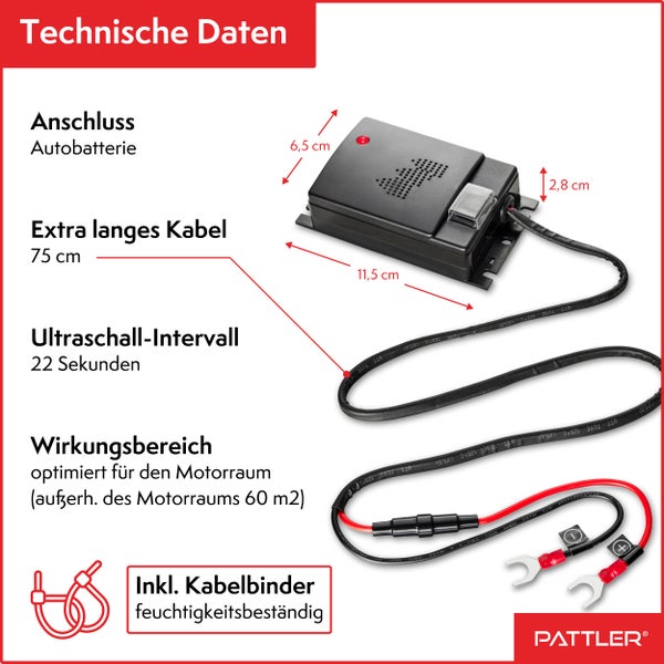 PATTLER® Marderschreck Auto Anschluss an 12V Autobatterie | Effektive Marderabwehr für Auto - mit Ultraschall | Sofortiger & Langfristiger Marderschutz für Auto im Motorraum - 2 Stück