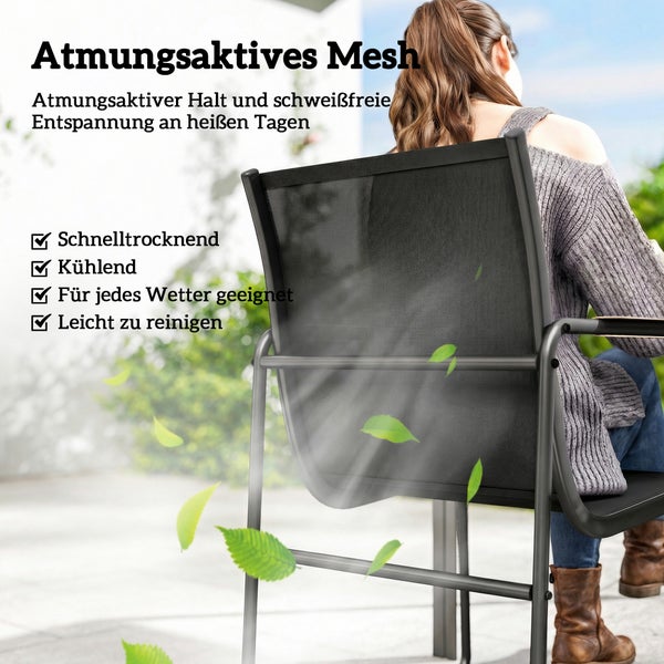 Gartenstuhl mit Rückenlehne aus atmungsaktivem Mesh-Gewebe für optimale Belüftung und schnelles Trocknen.