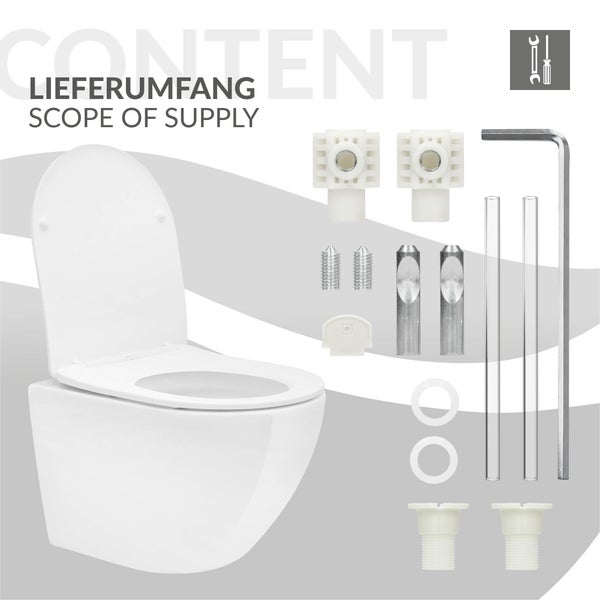 LuxeBath Wand WC Spülrandlos, Weiß, Tiefspüler Keramik Hänge WC, kurz 49 cm, Toilette ohne Spülrand mit Nano Beschichtung, Tornadospülung, Glänzende Kloschüssel Hängend mit WC-Sitz Absenkautomatik