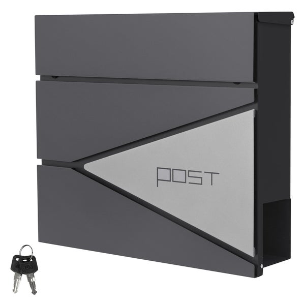 Moderner Wandbriefkasten aus anthrazitfarbenem Metall mit silberfarbenem Dreieckselement, Post-Schriftzug, Zeitungsfach und zwei Schlüsseln.