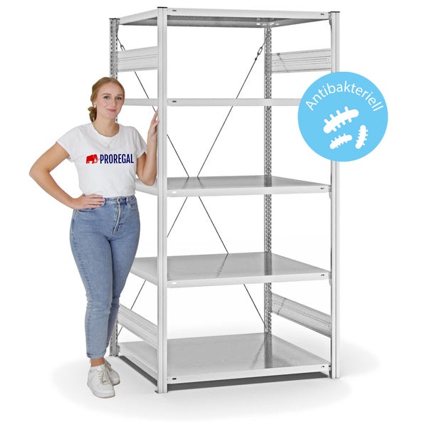 PROREGAL Antibakterielles Fachbodenregal Stecksystem T-Profil HxBxT 200 x 100 x 80 cm 5 Ebenen Traglast 130 kg Antibakterielle Beschichtung Weiß