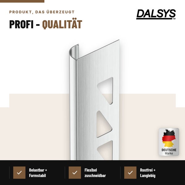 Dalsys Fliesenprofil aus Edelstahl mit Dalsys Logo und Informationen zu Belastbarkeit, Zuschnitt und Rostbeständigkeit.