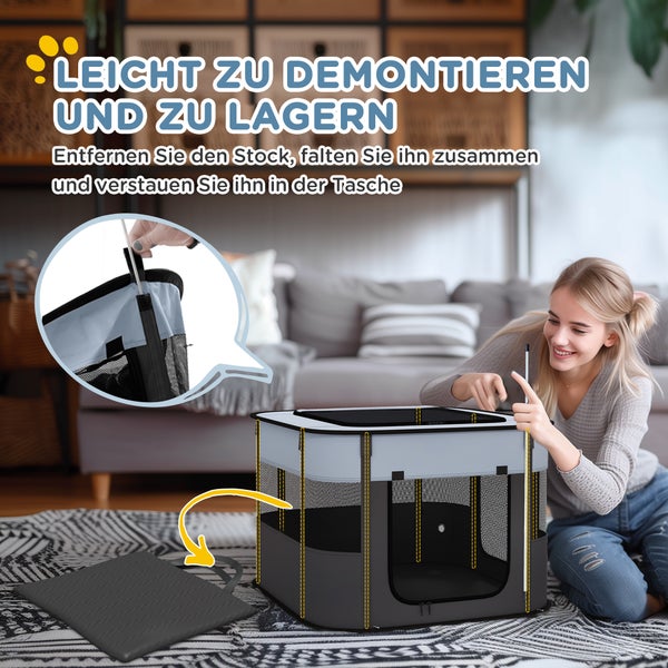 PawHut Welpenauslauf, Welpenlaufstall mit Türen, Fenster, faltbar Laufgitter, Atmungsaktiv Netz, für kleine Hunde unter 4 kg und Kleintiere, Indoor und Outdoor, 74 x 60 x 45 cm, Grau