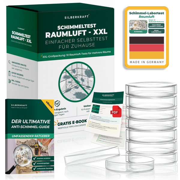 Silberkraft Schimmeltest Raumluft XXL Set für 10 Proben inklusive Petrischalen, Ratgeber und Laborbericht. Hergestellt in Deutschland.