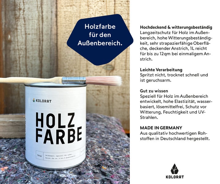 Kolorat Holzfarbe, wetterfest für Außen - Reinweiß – 2.5L  Hochwertige Wetterschutzfarbe, höchste Deckkraft, Holzschutz - schützt vor UV-Strahlen und Witterung, schnelltrocknender Anstrich, ideal für Holz im Außenbereich