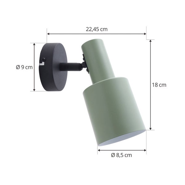 Wandleuchte in Grün und Schwarz. Maße in Zentimeter: Höhe 18, Breite 22,45, Schirmdurchmesser 8,5, Halterungsdurchmesser 9.
