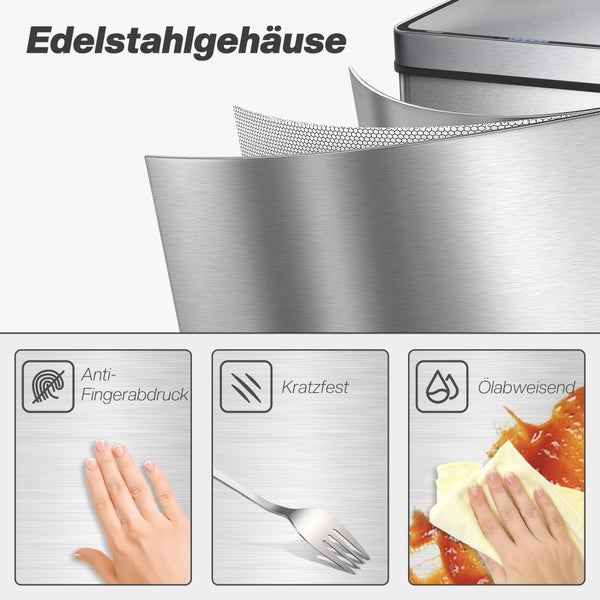 Edelstahlgehäuse mit Anti-Fingerabdruck-Beschichtung, Kratzfestigkeit und ölabweisenden Eigenschaften.