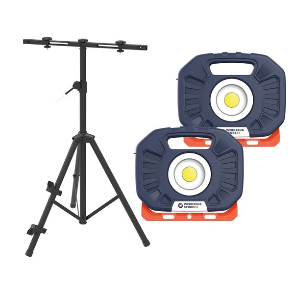 Set aus zwei tragbaren LED-Baustrahlern und einem schwarzen, höhenverstellbaren Dreibein-Stativ aus Metall.