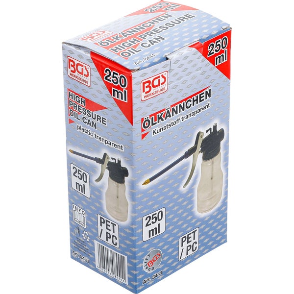 BGS technic Hochdruck-Ölkännchen aus transparentem Kunststoff mit 250 Milliliter Fassungsvermögen.