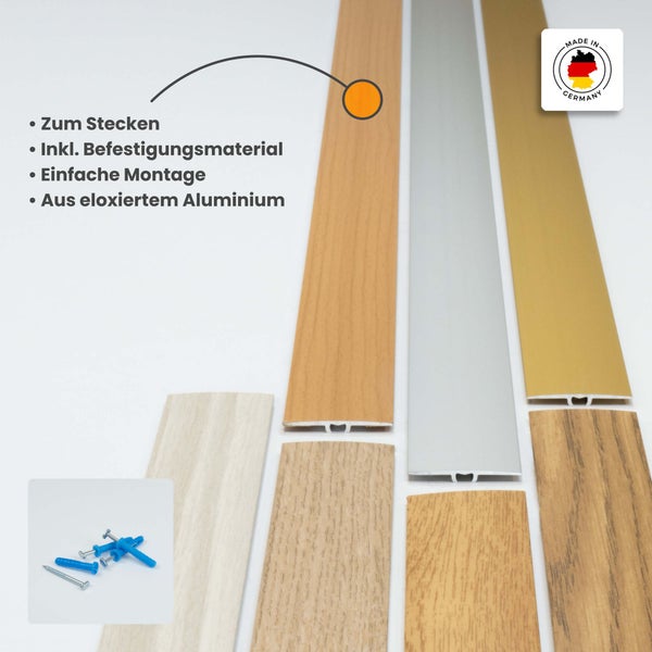 Übergangsprofile aus eloxiertem Aluminium mit Befestigungsmaterial für einfache Steckmontage, verschiedene Dekore, hergestellt in Deutschland.