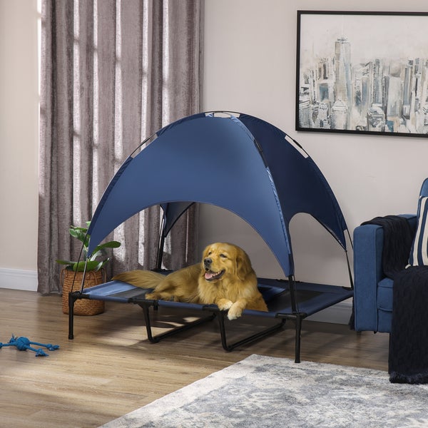 PawHut Erhöhtes Hundebett mit Baldachin, Haustierbett, Hundeliege outdoor mit Dach, Atmungsaktiv, Taftstoff für Camping Dunkelblau 122 x 92 x 108 cm