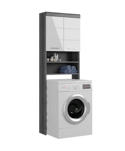Scout Badschrank über der Waschmaschine 2 Türen, 2 Ablagen Hochglanz weiß,rauchfarbenen. 63 X 24 X 191 cm
