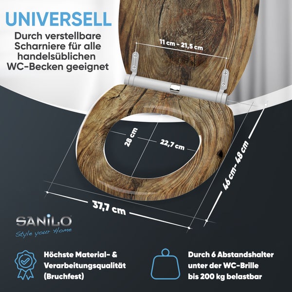 Sanilo Toilettensitz Holzoptik. Universell durch verstellbare Scharniere. Maße 37,7 mal 46 bis 48 Zentimeter. Belastbar bis 200 Kilogramm. Sanilo Logo.