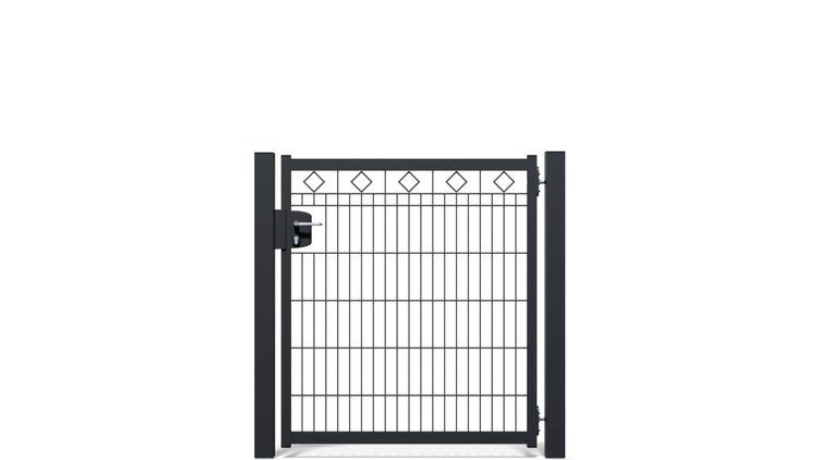 Gartentür ZAUNGURU BASIC-Linie Raute aus Metall, Höhe: 123cm, Breite: 123cm, 1-flügelig inkl. Pfosten, Schloss und Zubehör, Feuerverzinkt und zusätzlich in RAL 7016 Anthrazitgrau pulverbeschichtet