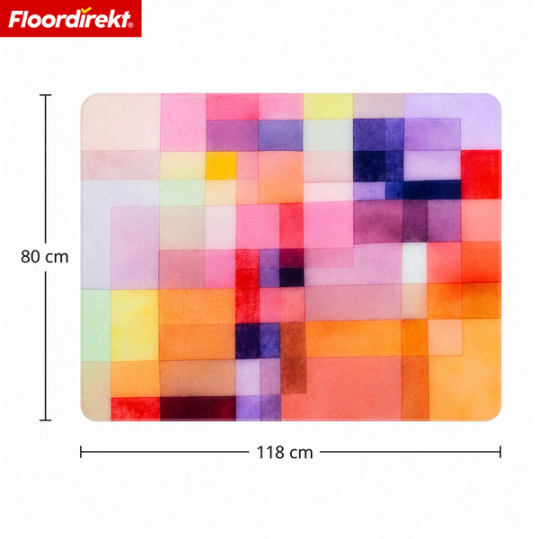 Floordirekt Logo. Bodenschutzmatte mit abstraktem buntem Geometriemuster und abgerundeten Ecken. Maße 80 mal 118 Zentimeter.