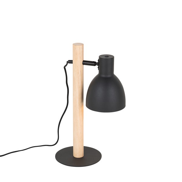 Moderne Schreibtischlampe mit Holzständer und rundem Lampenschirm für eine stilvolle Beleuchtung am Arbeitsplatz