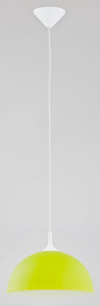 Moderne Pendelleuchte mit halbkugelförmigem Lampenschirm in einer Akzentfarbe und minimalistischem Deckenbaldachin