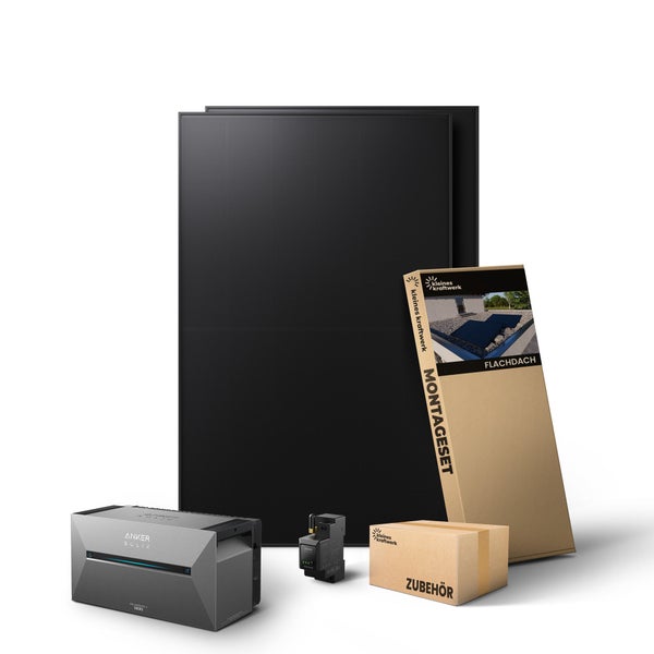 Balkonkraftwerk Komplettset mit zwei Solarmodulen, Anker Solix Speicher, Montageset für Flachdächer und Zubehörbox.