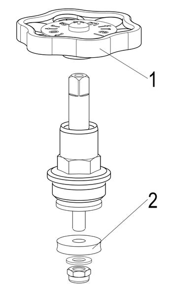 Explosionszeichnung eines Armaturenoberteils mit Handrad (1) und Dichtung (2).