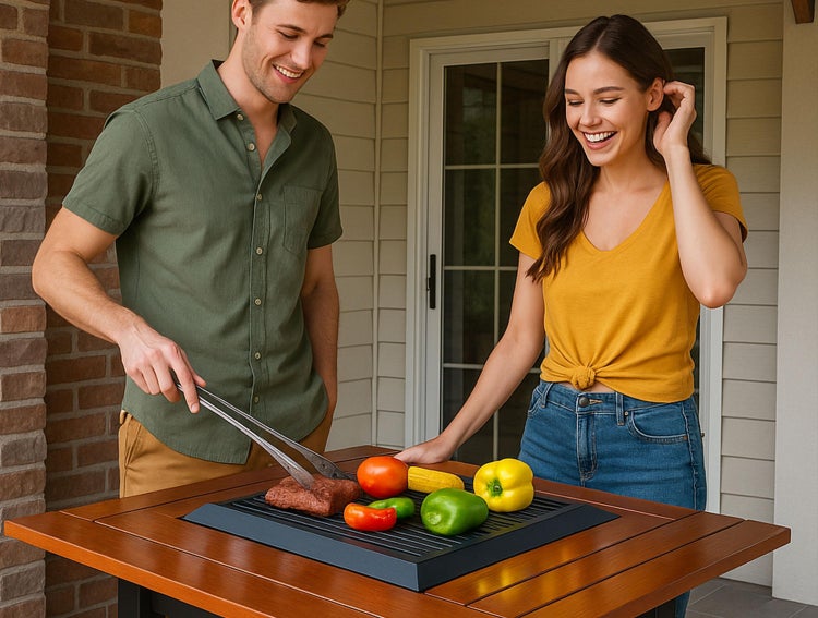 Ein Mann grillt mit einer Zange Fleisch und Gemüse auf einem Grilltisch, während eine Frau danebensteht.