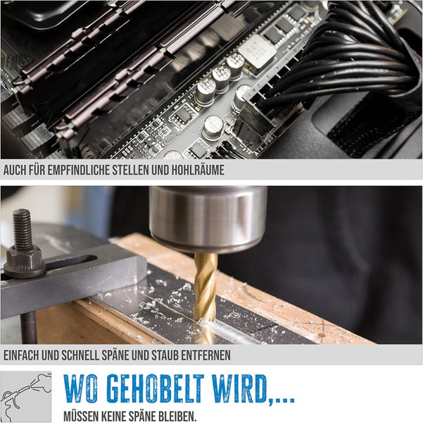 Druckluftreiniger im Einsatz an Computerkomponenten und bei der Metallbearbeitung zum Entfernen von Staub und Spänen.