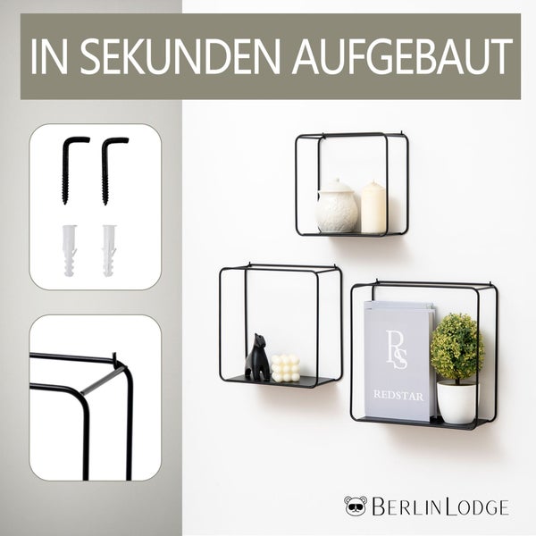BERLINLODGE Wandregal Metall 3er Set | Schwarz | Schrankregal, Würfelregal, 3-Teiliges Hängeregal, Wanddeko und Ablage