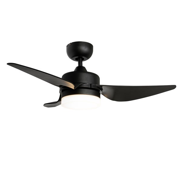 Schwarzer Deckenventilator mit 3 Flügeln und integrierter Leuchte.