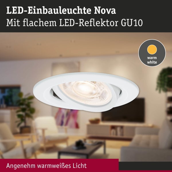 Weiße LED-Einbauleuchte Nova mit flachem GU10 LED-Reflektor für warmweißes Licht.