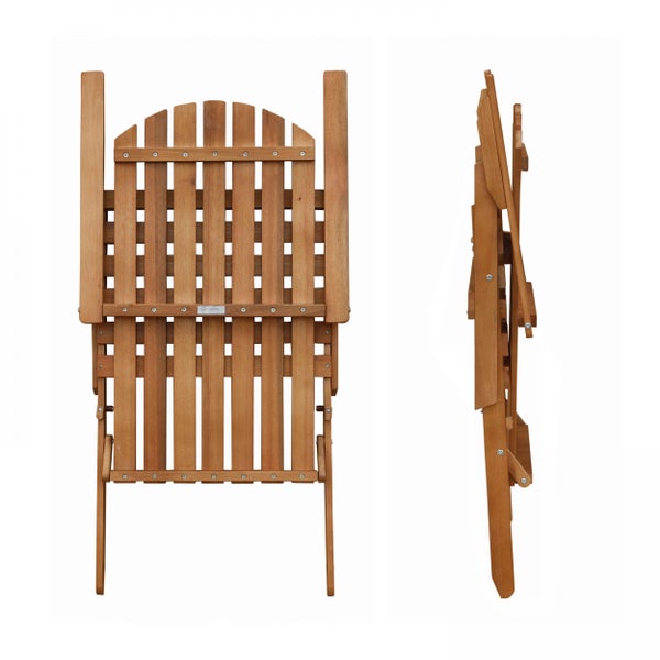 Zusammengeklappter Gartenstuhl aus Holz in der Frontansicht und Seitenansicht mit vertikalen Holzlatten.