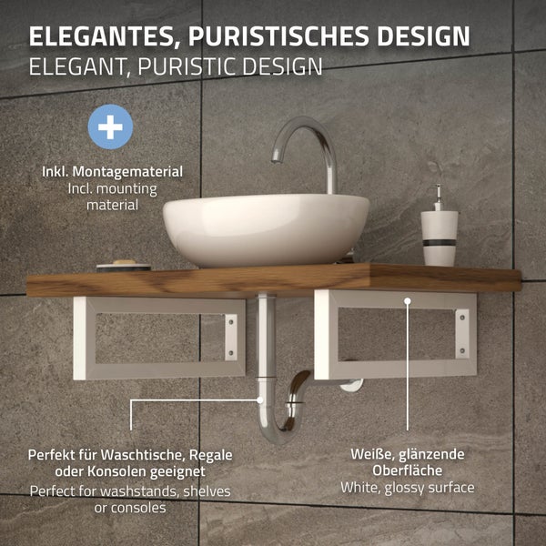 ML-Design 2er Set Wandkonsole für Waschtisch, 300x150 mm, Weiß, Stahl, Design Waschtischhalterung, Wandhalterung Unterbau für Waschtischplatte, Konsolenträger Regalträger Regalhalter Handtuchhalter