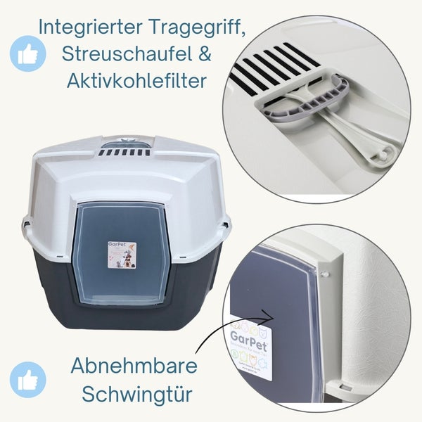 Katzentoilette mit integriertem Tragegriff, Streuschaufel, Aktivkohlefilter und abnehmbarer Schwingtür