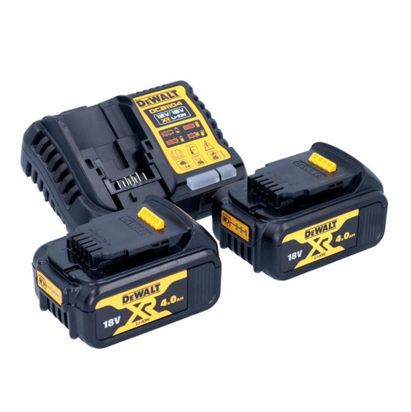 DeWalt Akku-Starterset mit zwei 18 Volt 4,0 Amperestunden XR Lithium-Ionen Akkus und einem DCB1104 Ladegerät.