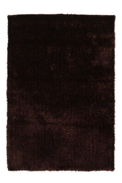 Rechteckiger dunkelbrauner Hochflor-Teppich mit weicher Struktur.