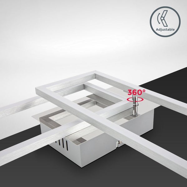 Quadratische LED-Deckenleuchte aus Metall mit um 360 Grad verstellbarem Rahmen.