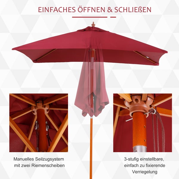 Detailansichten eines Sonnenschirms mit sechs Bambusstreben, wasserabweisendem Polyesterstoff, belüftetem Baldachin und 38 Millimeter Holzpfahl.