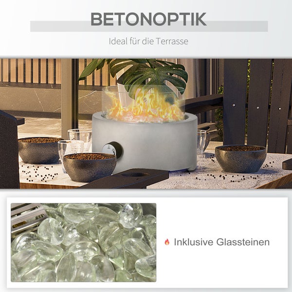Outsunny Gas-Feuerschale10.000BTU, Tischfeuerschale im Betonoptik mit Glasperlen, Passend zum Regenschirmloch, für Outdoor, Ø 25,4 x 18,5 cm, Stein, Hellgrau