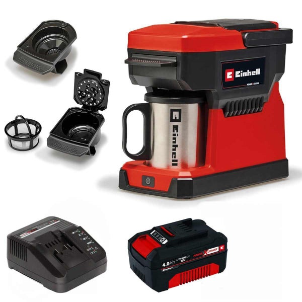 Einhell Akku Kaffeemaschine mit Tasse, Filter, Ladegeraet und 18 Volt Lithium Ionen Akku