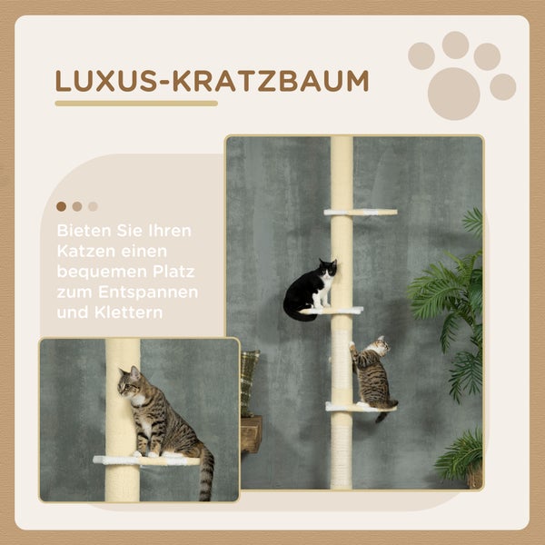 PawHut Kratzbaum, Deckenhoch Katzenbaum, 220-260 cm Höhenverstellbar Katzenkratzbaum, Spielbaum mit Kippschutz, Kletterbaum mit Spielball, Plüsch, Gelb