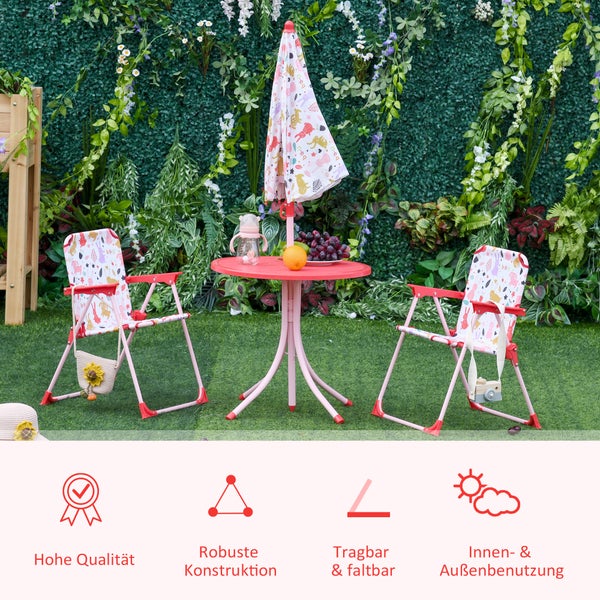 Outsunny 4tlg. Kindersitzgruppe, Gartentisch mit 2 Klappstühle, für 3-5 Jahre, 50L x 50B x 46H cm, Metall, Polyester, Rot